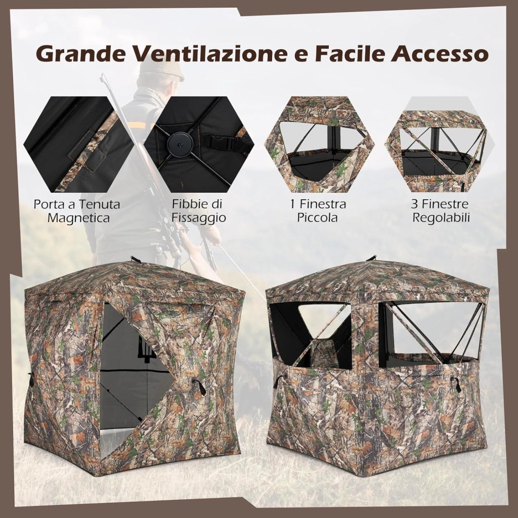Tenda da Caccia per 2-3 Persone, Tenda Mimetica a 270° per Caccia, Tenda Pop-Up Camouflage con Porta Magnetica Silenziosa, 4 Finestre e Borsa da Trasporto, 146 x 146 x 170 cm