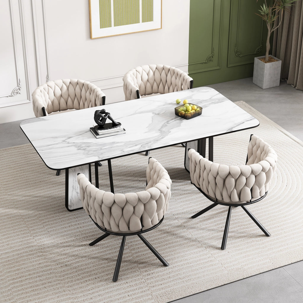 Sedia da Pranzo Girevole Imbottita in Velluto, Set 6 Pezzi ¨C MINIMAL ¨C Beige, Gambe in Metallo