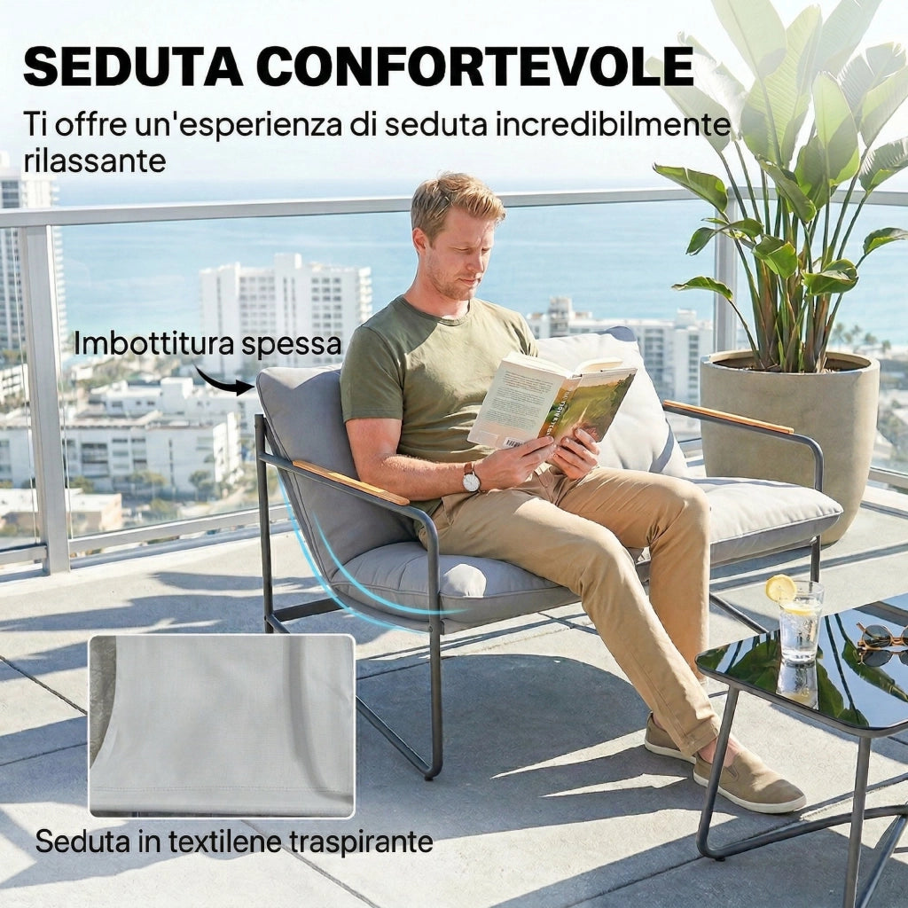 Salotto da Giardino 4 Posti con Divanetto 2 Posti e 2 Poltrone con Cuscini, Grigio Chiaro