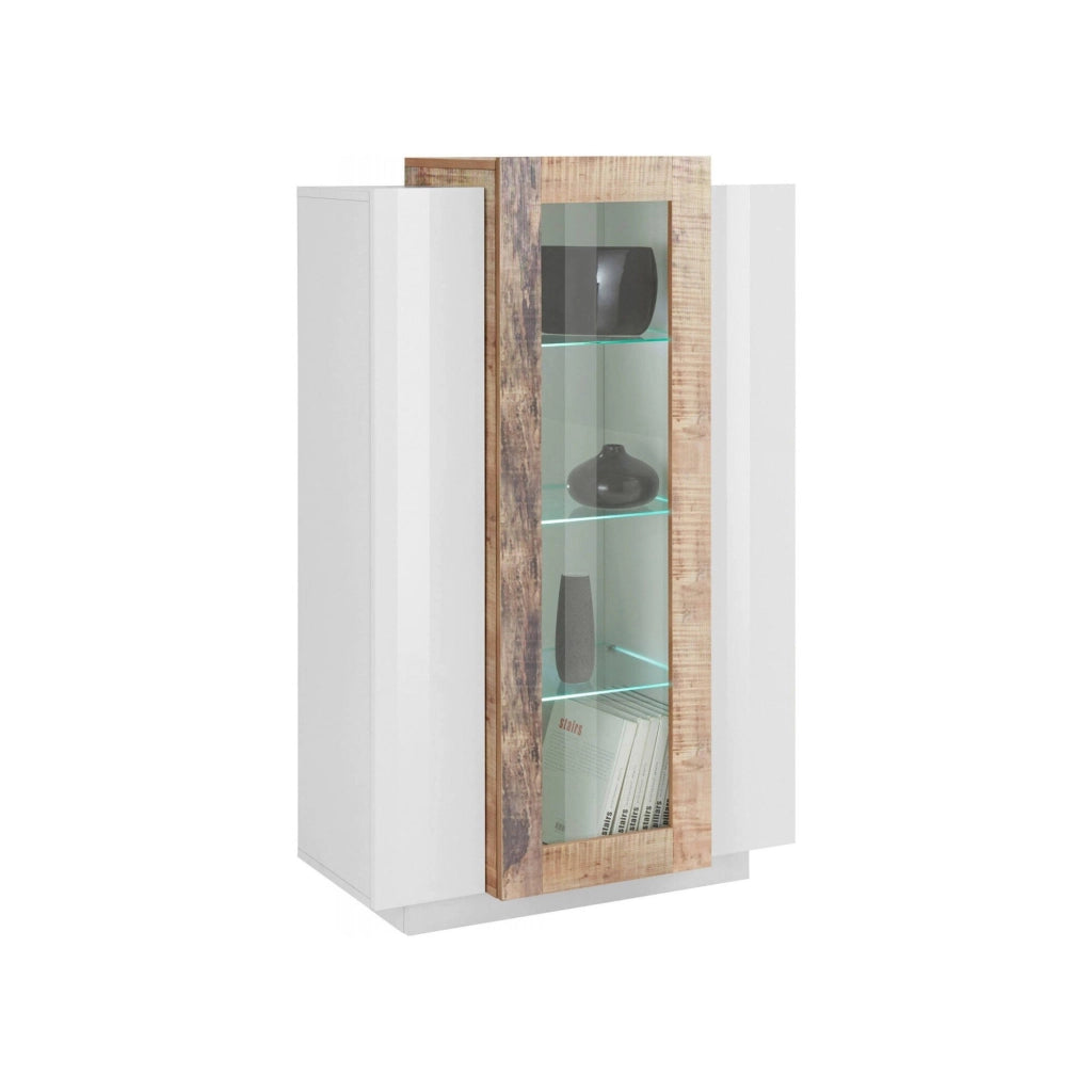 Vetrina moderna con anta a Ablaze, Made in Italy, Mobile vetrinetta da soggiorno, cm 80x38h121, Bianco lucido e Acero, con luce LED bianca