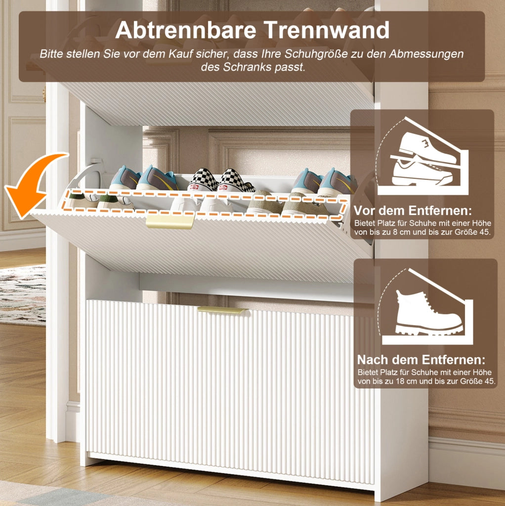 Scarpiera salvaspazio 80x25x135 cm con 3 ribalte e 2 cassetti; bianco