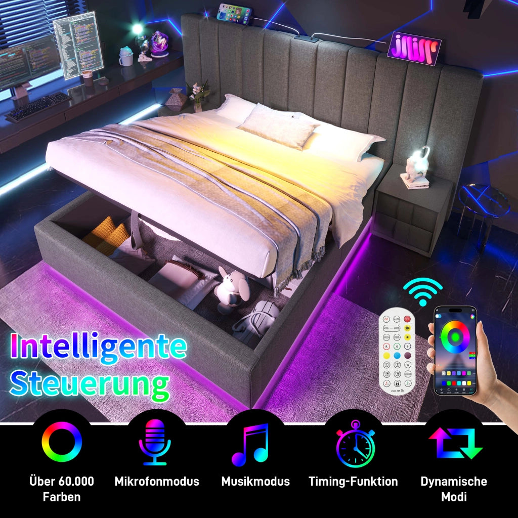 LETTO Contenitore 160x200 cm Grigio in Lino con LED e porte USB