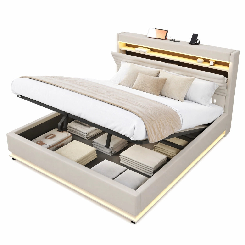 Letto matrimoniale imbottito 180x200 cm in lino beige con contenitore; LED e USB-C