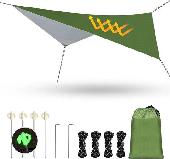 Tenda da Campeggio Teli Acqua 3,4m x 2,6m Leggero e Portatile Ombrello da Sole con 4 Pinne in Alluminio e 4 Guide in Nylon per Picnic e Hammock