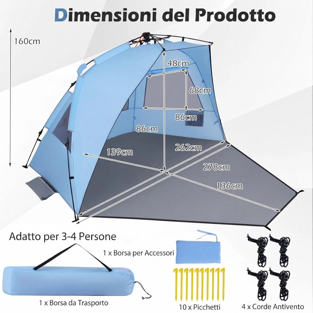 Tenda da Spiaggia Grande Adatta a 3-4 persone, Tenda da Campeggio Pop Up con 4 Finestre in Rete, Porta con Cerniera e Borsa da Trasporto, Protezione Solare, 278 x 139 x 160 cm