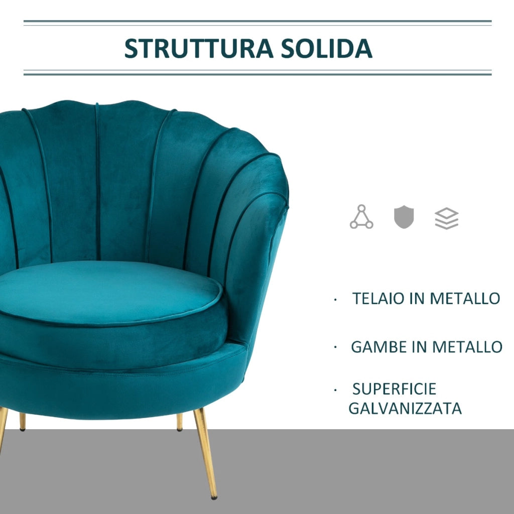 EasyComfort Poltrona di Design Stile Vintage Imbottita in Velluto, 79x77x77cm, Verde Petrolio