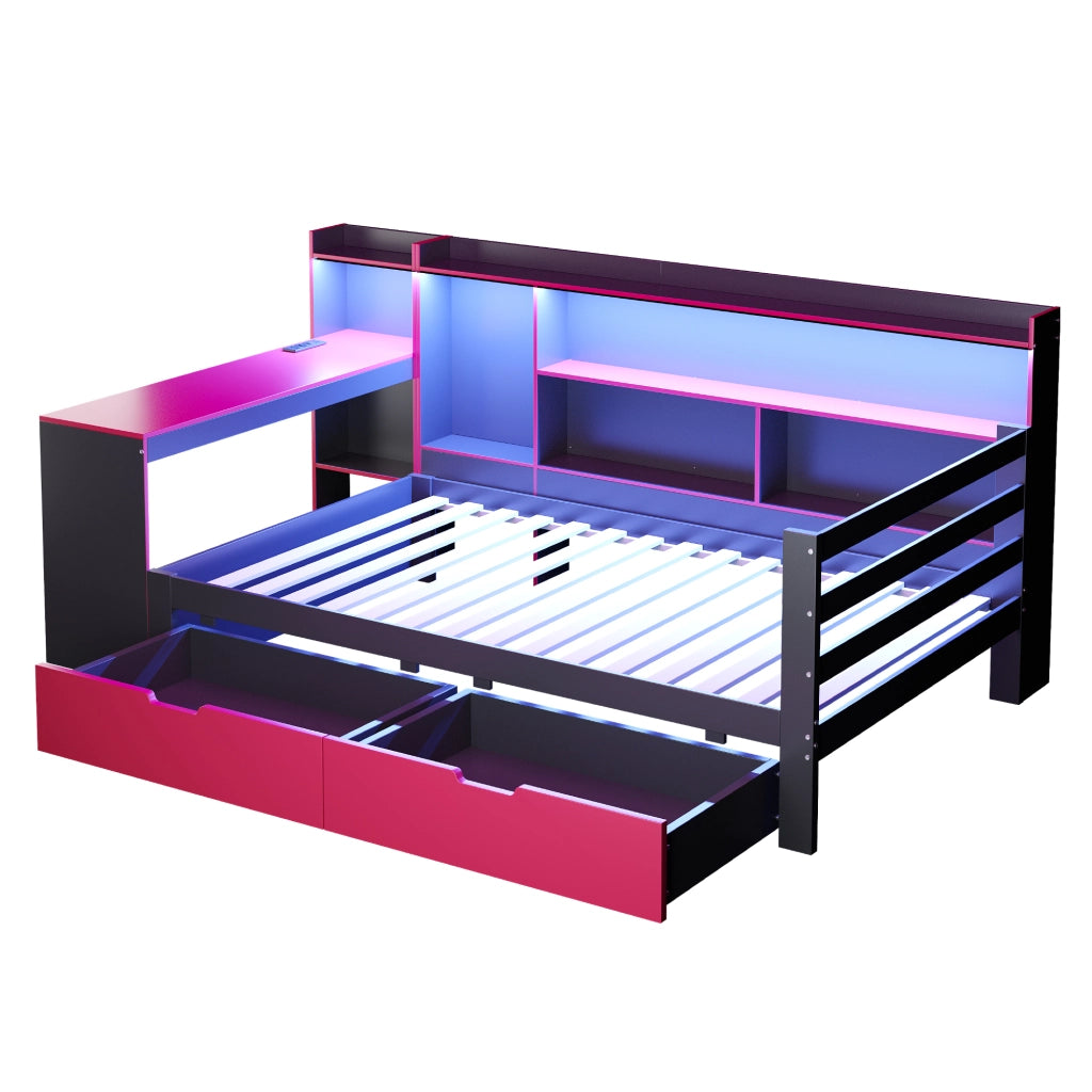 Letto combinato 90 × 200 cm 2 posti con scrivania, ripiani, LED e USB, senza materasso, legno, nero rosso