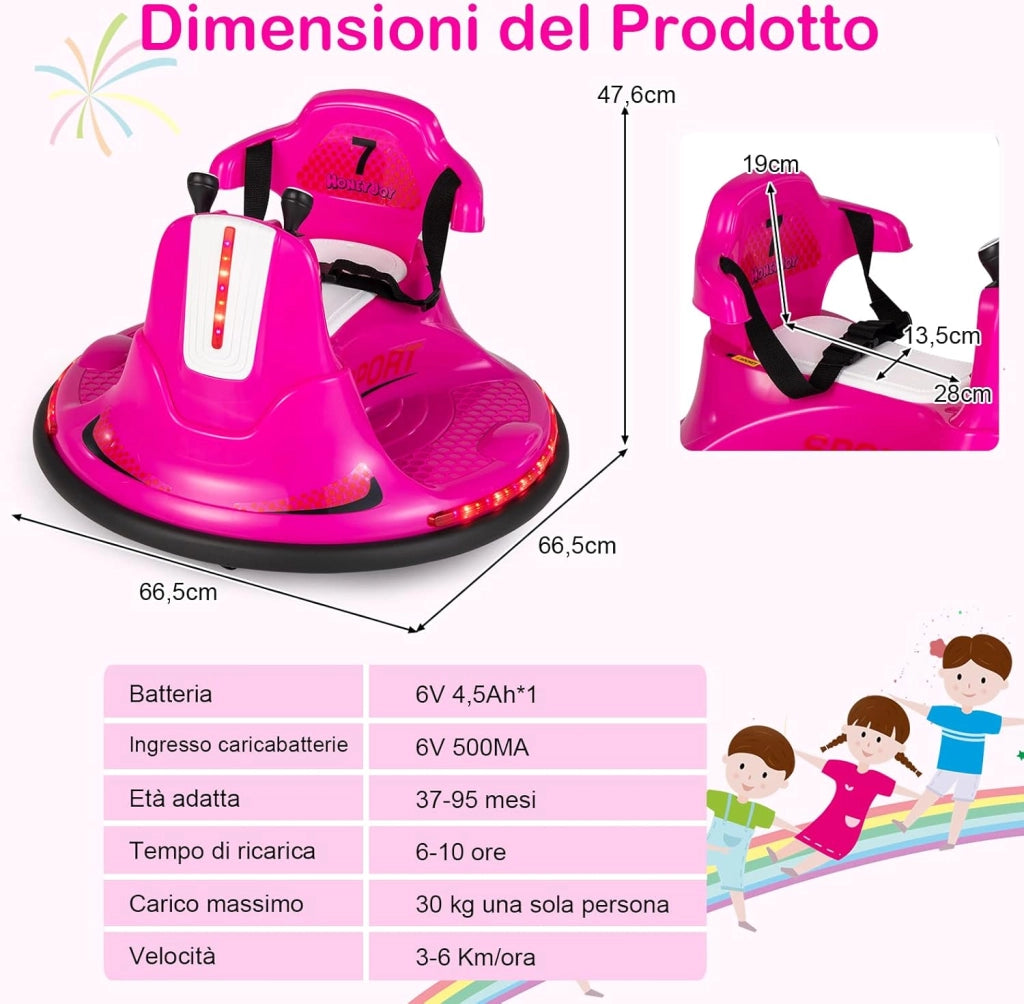 6V Autoscontro Elettrico per Bambini, Veicolo Elettrico con Telecomando, Girevole a 360°, Luci LED Colorate e Cintura di Sicurezza Regolabile, 37-95 Mesi (Rosa)