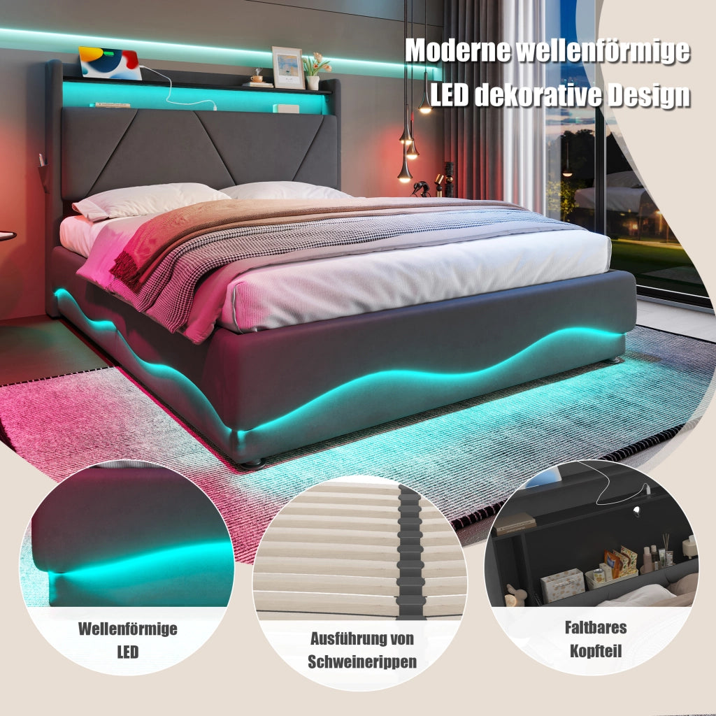 OKWISH Letto Contenitore 160×200 cm, Letto Matrimoniale con LED, USB, Tipo C, Ripiani e Tasche Laterali, senza Materasso, in Velluto, Grigio Scuro