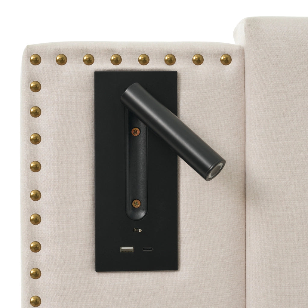 Letto imbottito 160x200 con contenitore - Zephmum- Tessuto in cotone beige, luce LED USB, testiera con borchie