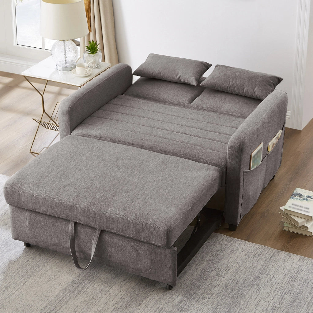 Divano letto due posti estraibile grigio con schienale regolabile a tre posizioni e due cuscini
