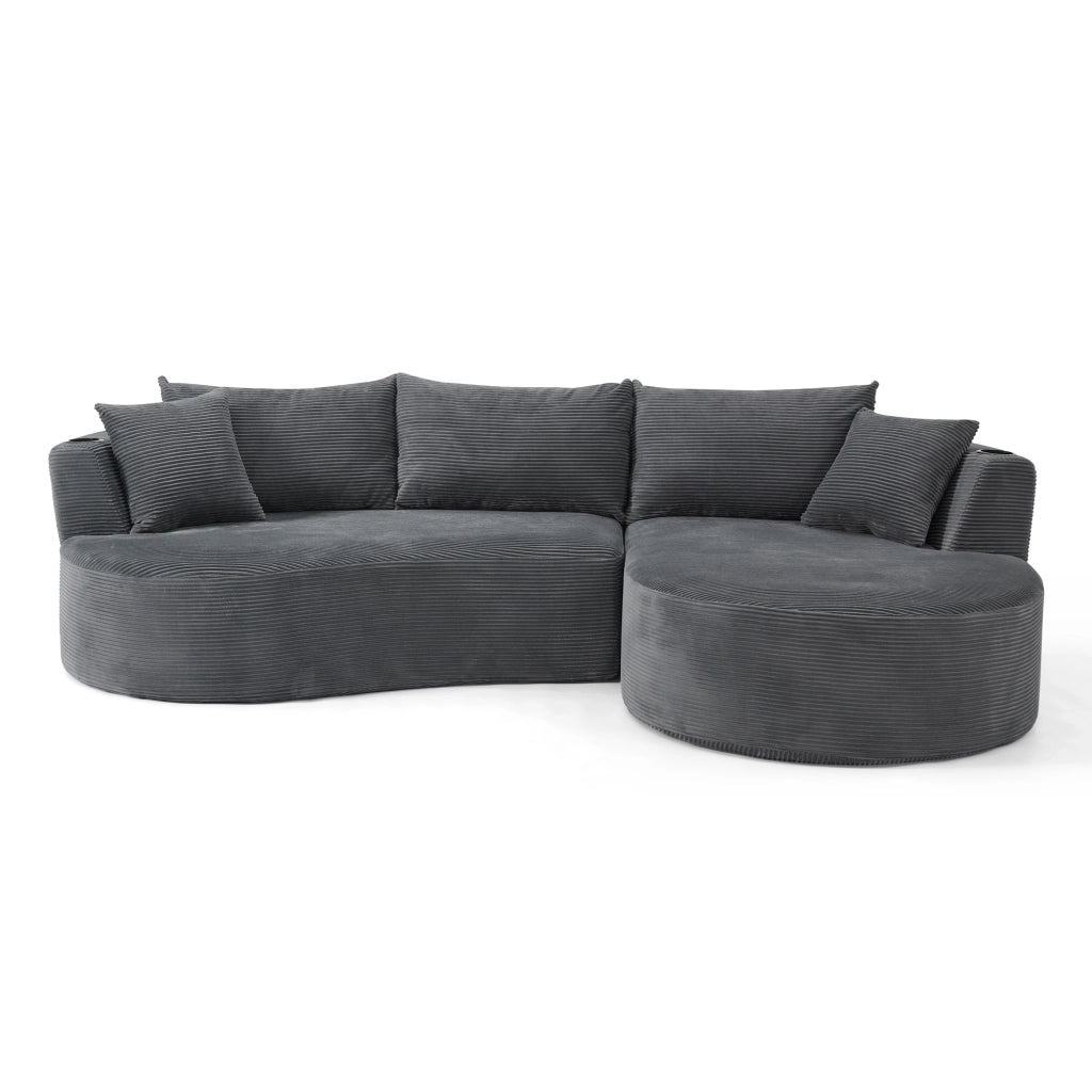 Divano dritto 3 posti a forma arcuata con chaise longue destra porta bicchieri e cuscini in tessuto a coste grigio