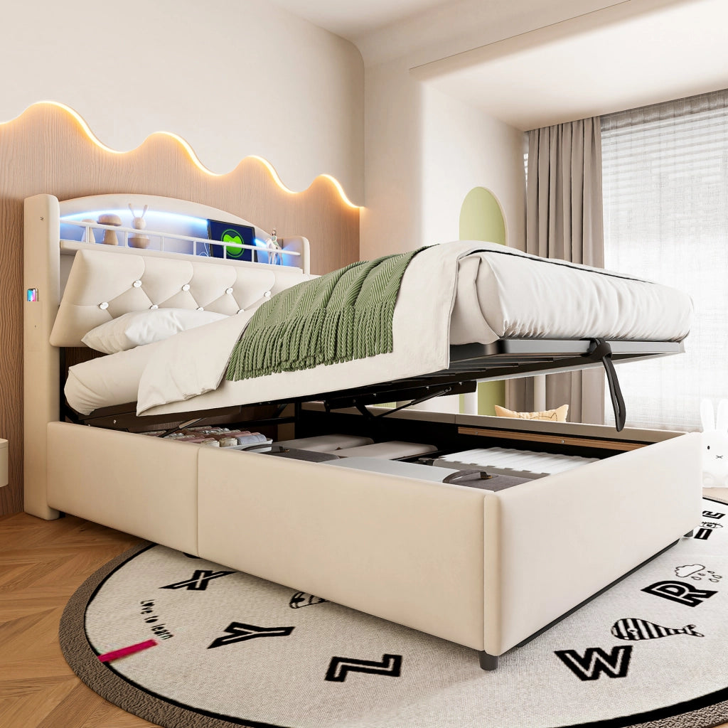 Letto singolo imbottito per bambini 90x200 cm con contenitore, LED e porte USB, beige