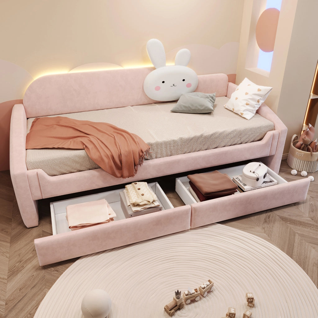 DESMIU Letto per bambini 90 × 200 cm con 2 cassetti, LED e cuscino coniglio, senza materasso, in velluto, rosa