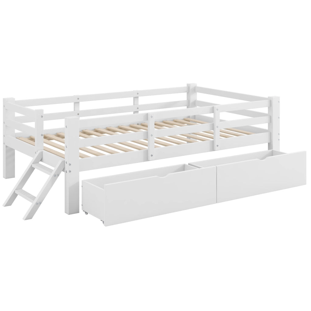 Letto a piattaforma 90x200 cm con sponde di protezione e 2 cassetti; bianco