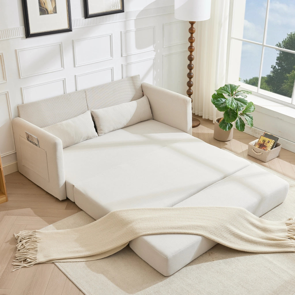 Divano letto pieghevole a 2 posti in tessuto effetto corda con 2 cuscini lombari e tasche beige per piccoli spazi