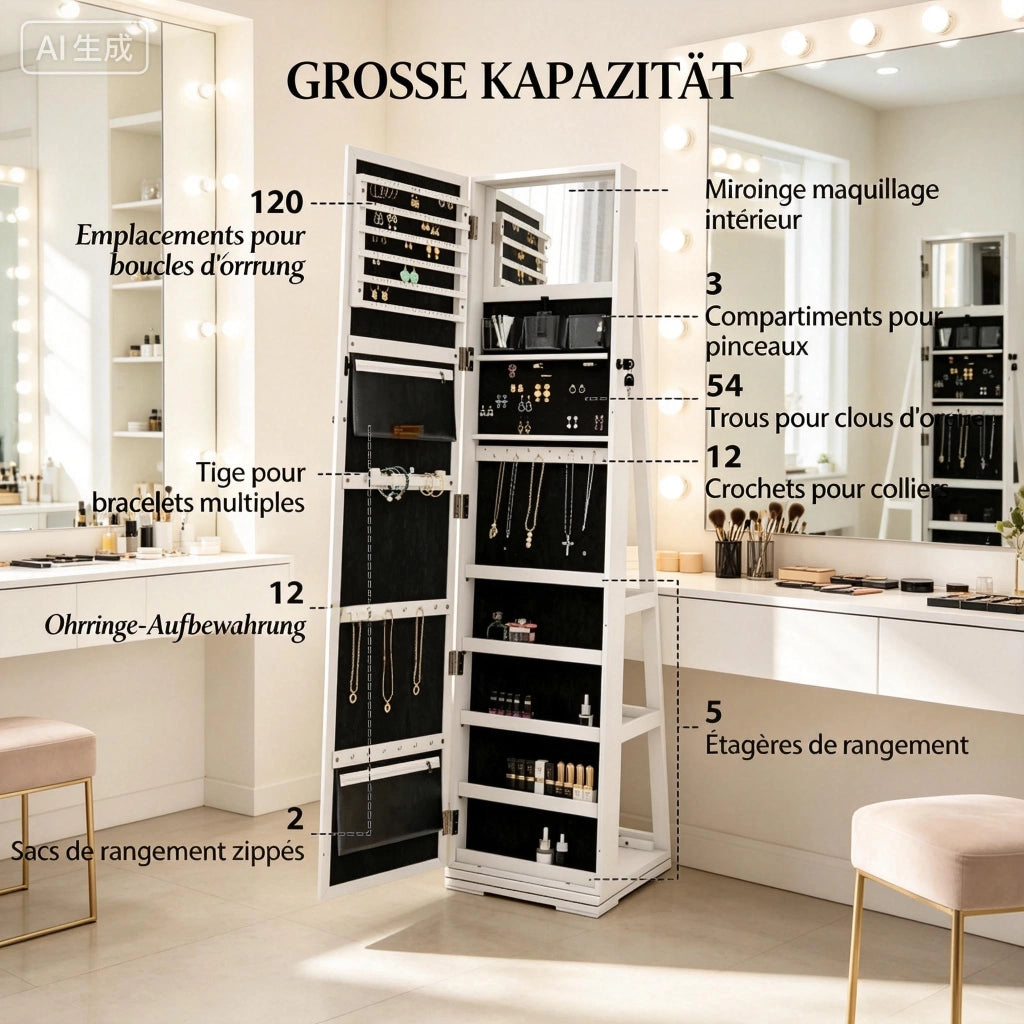 SPECCHIO Portagioie girevole 38x38x160 cm MDF Bianco con serratura