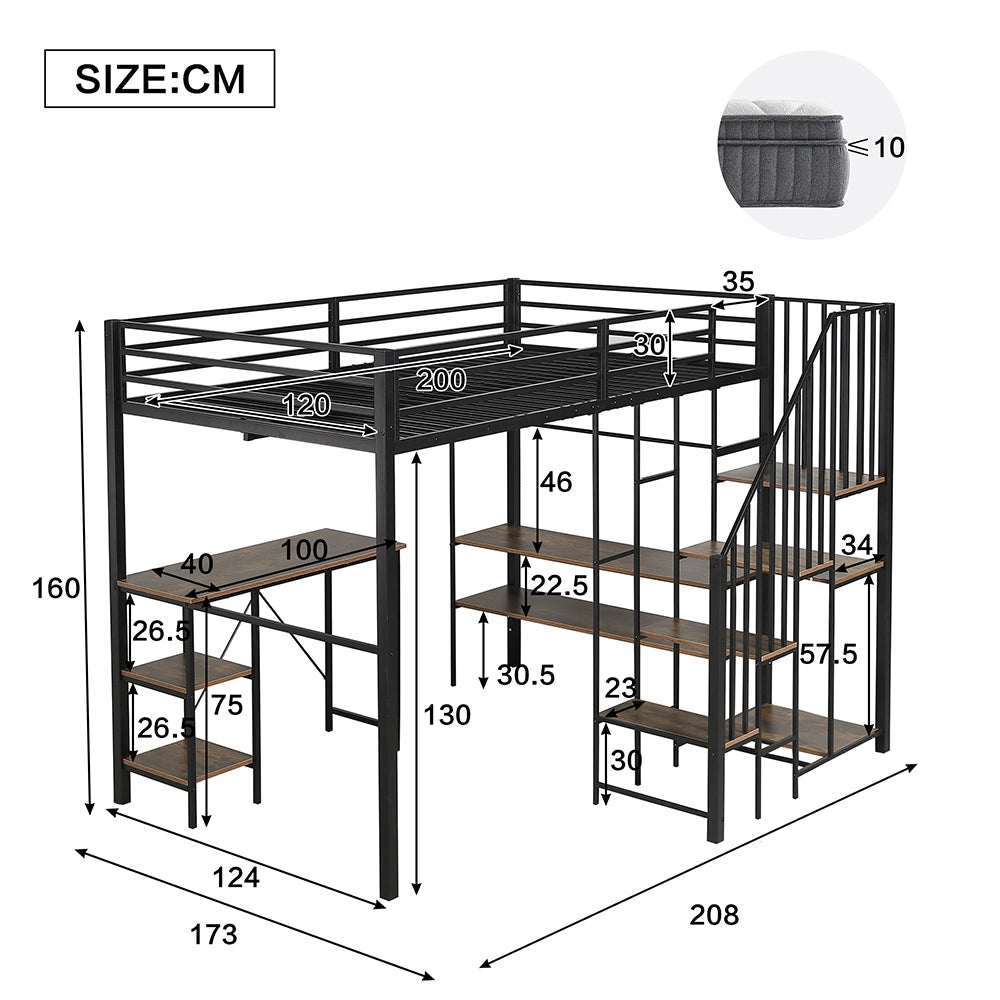 Letto a Castello in Ferro – Xylo – 120x200cm, Scala Angolare con Ripostiglio, Tavolo, Scaffale, Armadio Aperto, Nero/Legno