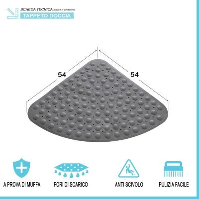 Tappeto doccia antiscivolo angolare in PVC grigio 54x54 cm