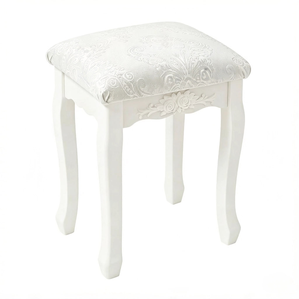 Pouf da toeletta vintage con seduta imbottita, piedini antiscivolo e montaggio facile in MDF e plastica, bianco crema
