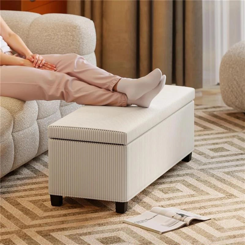 PANCA FONDO LETTO CON SPAZIO CONTENITORE DA 84L, IN TESSUTO EFFETTO VELLUTO A COSTE E ACCIAIO, 112X42X40 CM, BEIGE