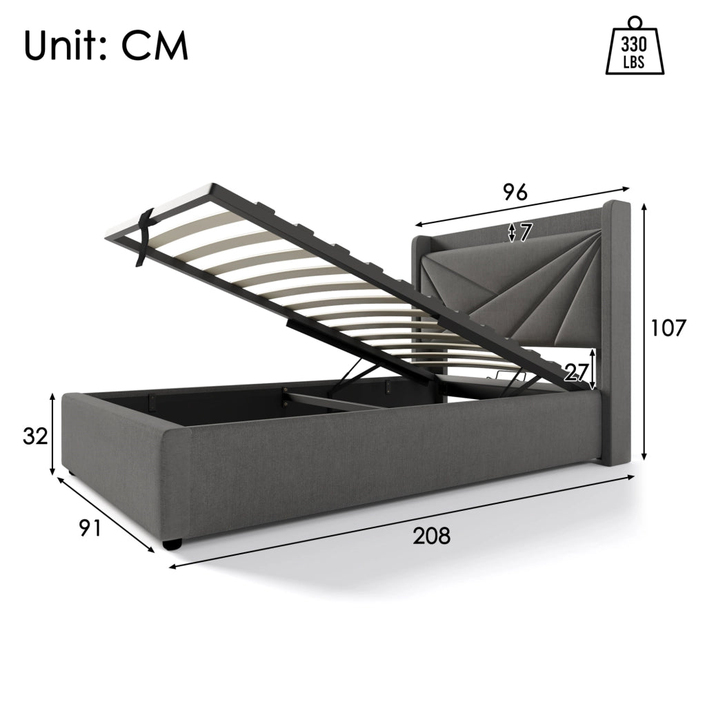 Letto singolo contenitore 90x200 cm con USB C e USB; testiera geometrica; grigio