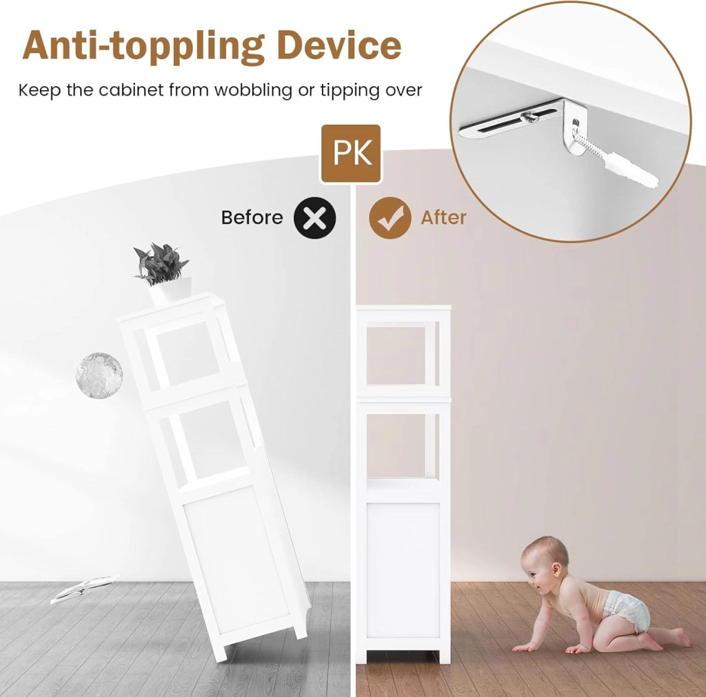 Armadietto Multiuso Bianco, Armadio Alto per Bagno con Cassetto e 2 Ripiani Aperti, Mobile Porta Microonde per Cucina, Design Compatto
