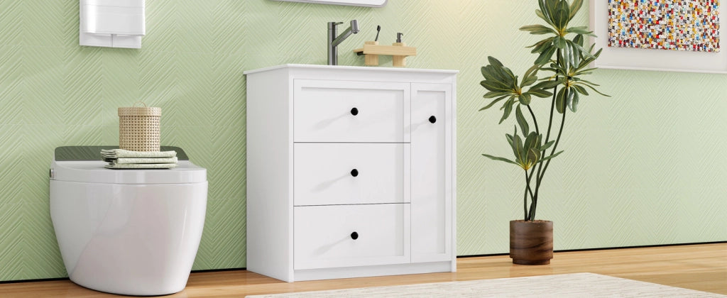 Mobile sottolavabo con 4 cassetti e lavabo in ceramica, per bagno, in MDF e ceramica, bianco, 76 × 46 × 82 cm