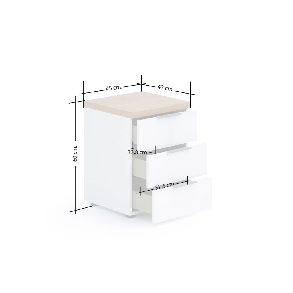 Aucuba, Comodino 3 Cassetti Made in Italy, 45x43x55h cm Bianco Lucido