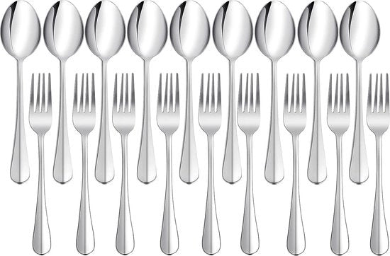 Set di 24 forchette e cucchiai, insieme da tavola in acciaio inossidabile, forchette, cucchiai da spremuta per uso domestico, matrimonio, festa, ristorante, resistente al lavastoviglie, 12 forchette + 12 cucchiai