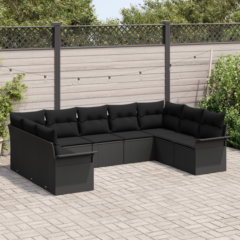 Set divani giardino con cuscini neri in polirattan
