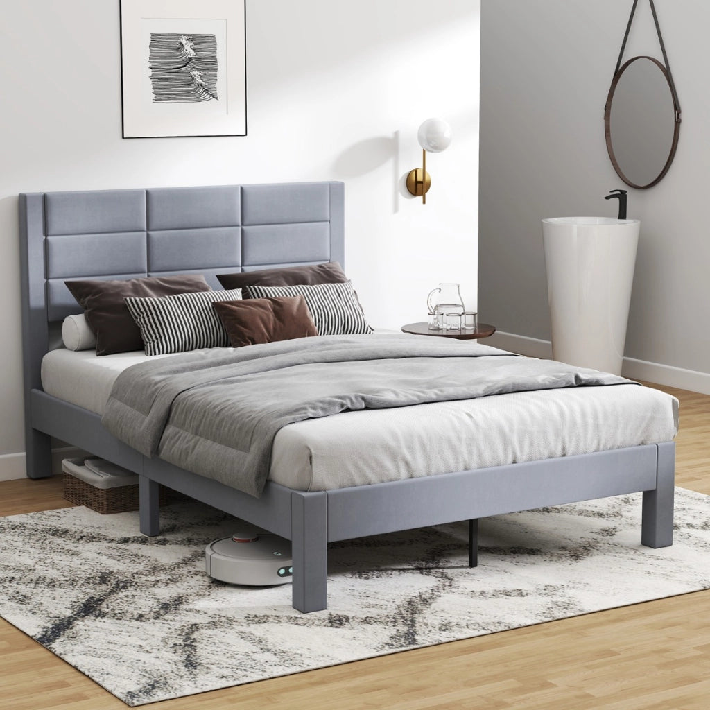 Struttura letto matrimoniale 200 x 140 CM con testiera in morbido tessuto di velluto e supporto a doghe di legno-Letto piattaforma imbottito Grigio