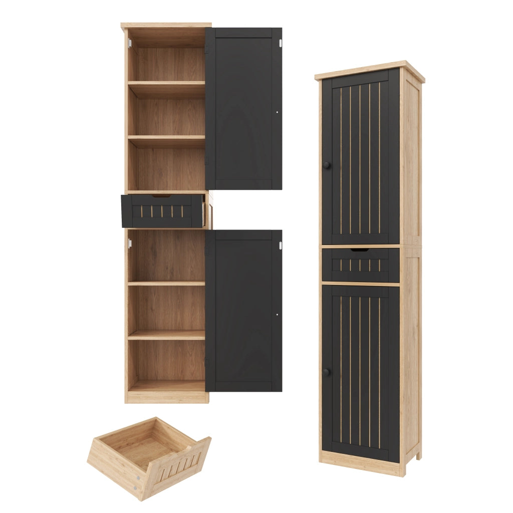 Credenza da cucina 170×40×30 cm in MDF con 2 ante, 1 cassetto e ripiani interni regolabili, colore Natural+Black