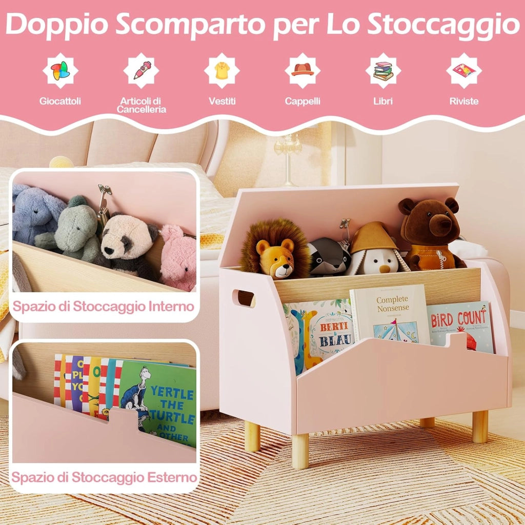 libreria Montessoriana 2-in-1 per Bambini in Legno, Scaffale Porta Libri e Giocattoli con Cassone, Coperchio Ammortizzato e Maniglie, Ideale per Cameretta e Nido, 60 x 30 x 44 cm (Rosa)