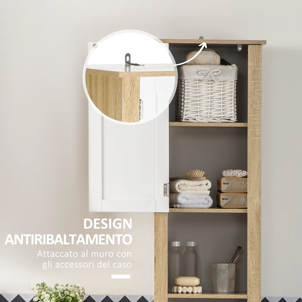 Mobile Bagno Alto in Truciolato con un Cassetto, 2 Armadietti e 2 Ripiani Aperti Regolabili, 37x30x184 cm