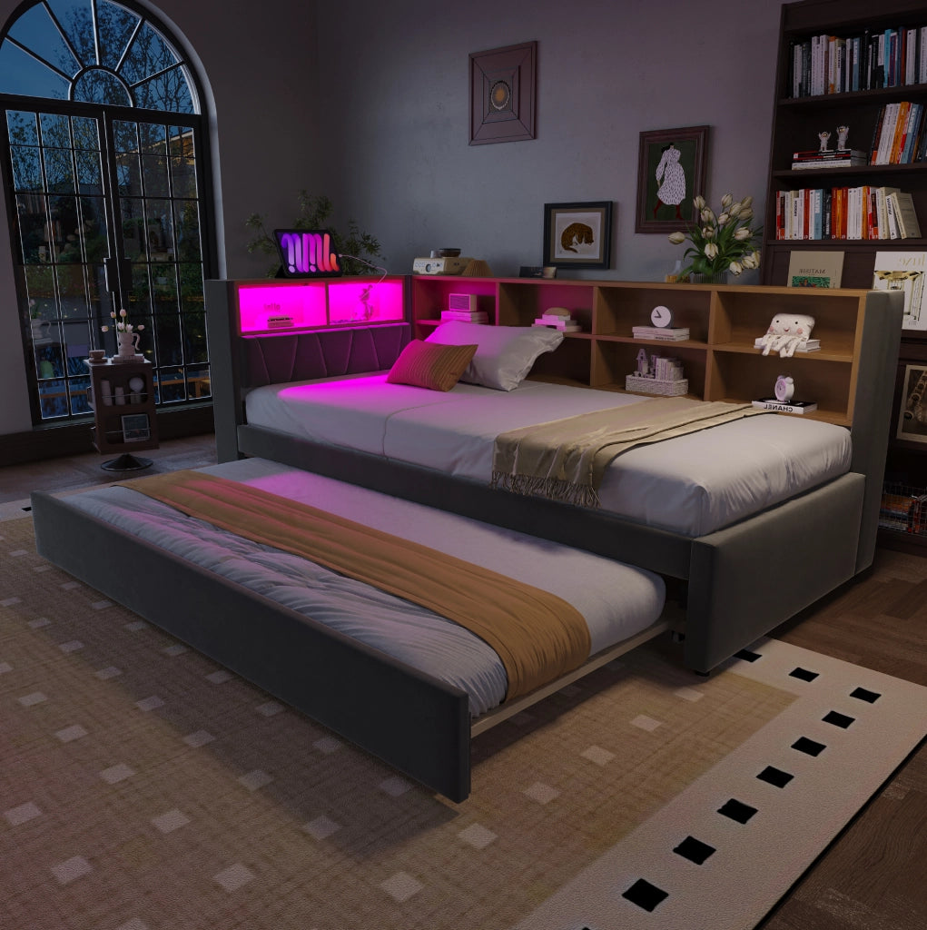 Divano letto multifunzione 90x200 cm con letto estraibile 90x190 cm; LED; USB e vano portaoggetti; grigio scuro