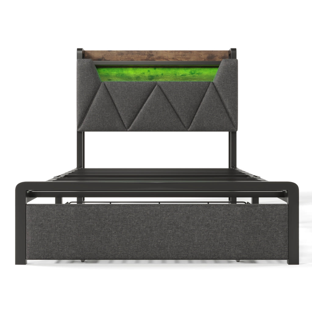 Letto singolo 90x200 con testiera contenitore, LED, porte USB e cassetti, grigio