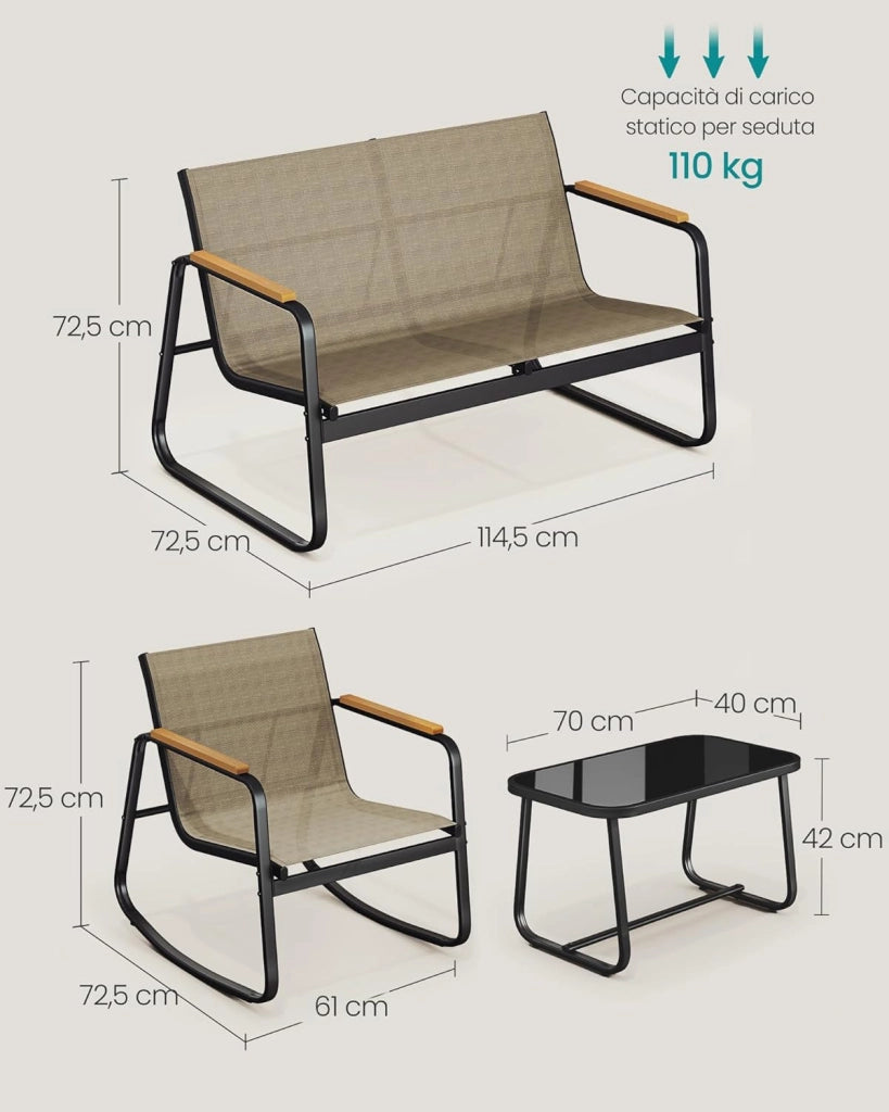 SONGMICS Set Mobili da Giardino, Set da Balcone, 2 Sedie a Dondolo con Tavolino, Panchina da Giardino, Acciaio, Tessuto Sintetica Traspirante, per Terrazza e Giardino, Marrone Chiaro GGF0028KZ01