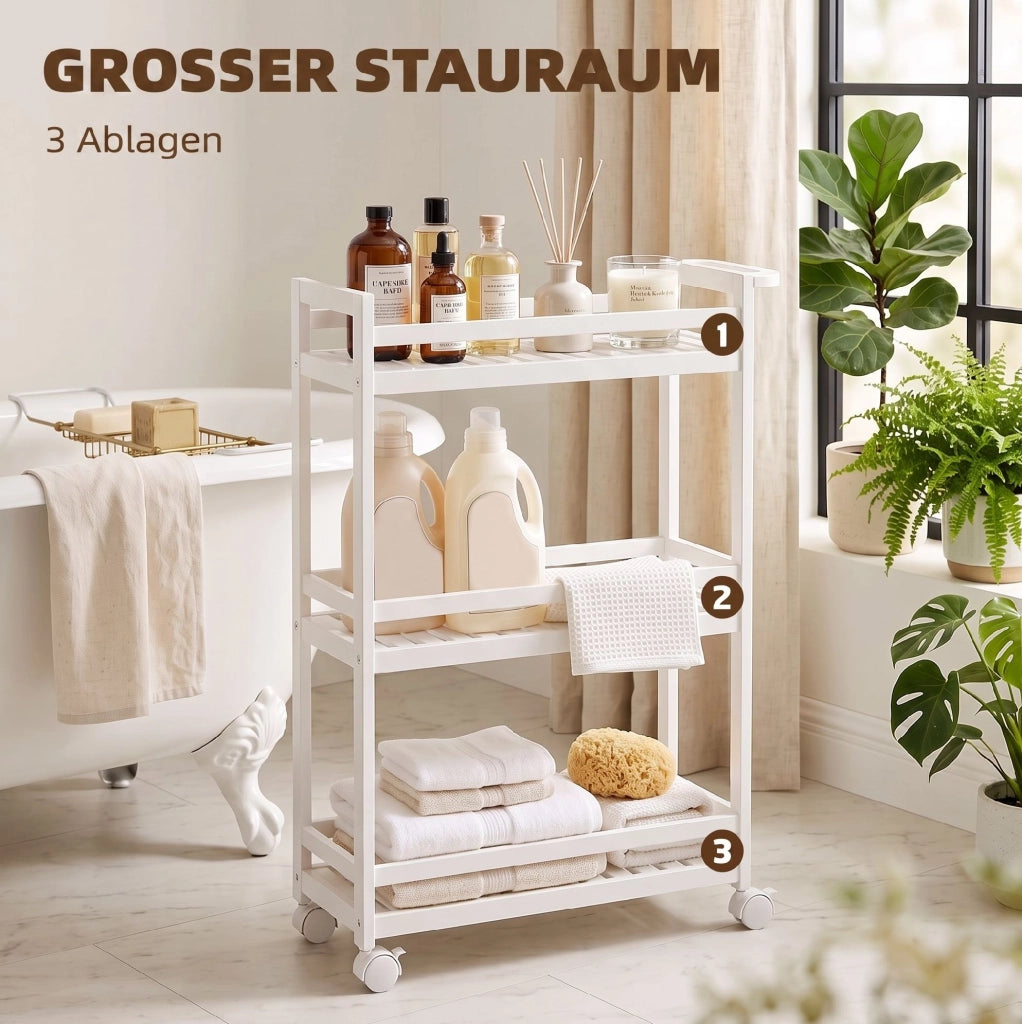 Carrello da cucina in bambù a 3 ripiani con protezioni, 55 x 20 x 75 cm