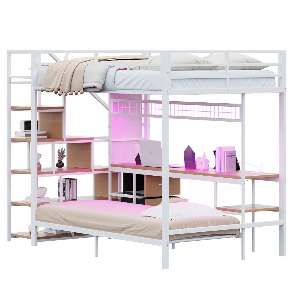 OKWISH Letto a Soppalco 140×200 cm e 90×200 cm, Letto 3 Posti con Scrivania, LED, Prese, Contenitori e Cassetti in Tessuto, senza Materasso, Bianco