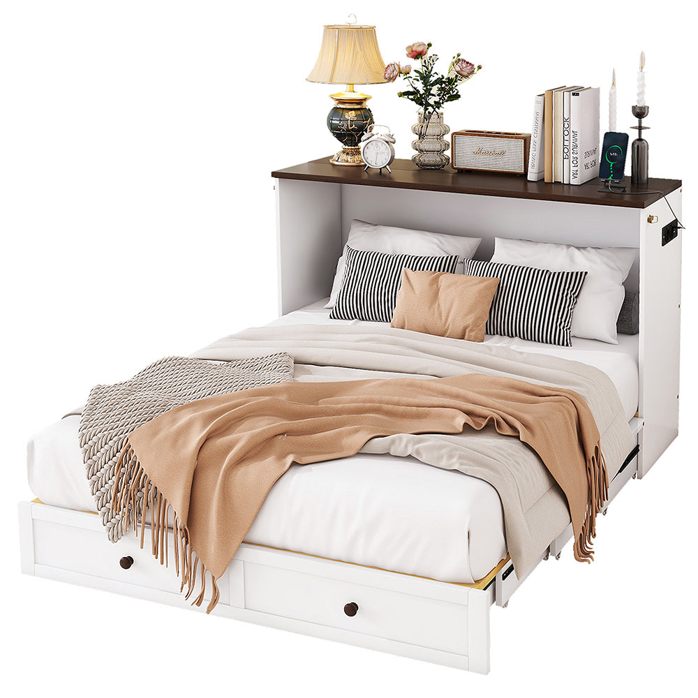 Letto a scomparsa con USB - Xylo - 140x200 cm - Bianco - Cassetti e mensola