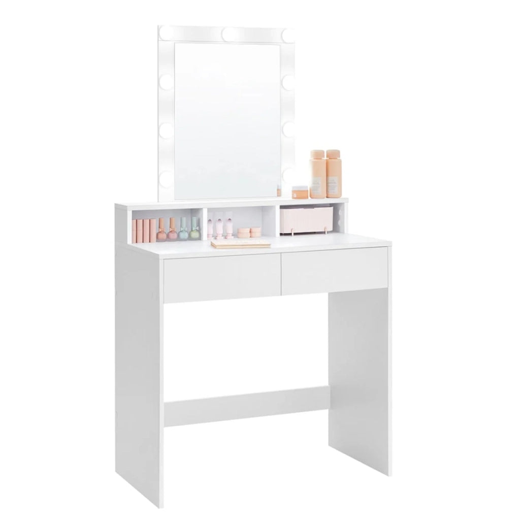 Toletta con specchio e lampadine tavolo da trucco con 2 cassetti e 3 vani portaoggetti stile moderno bianco 12_0005155