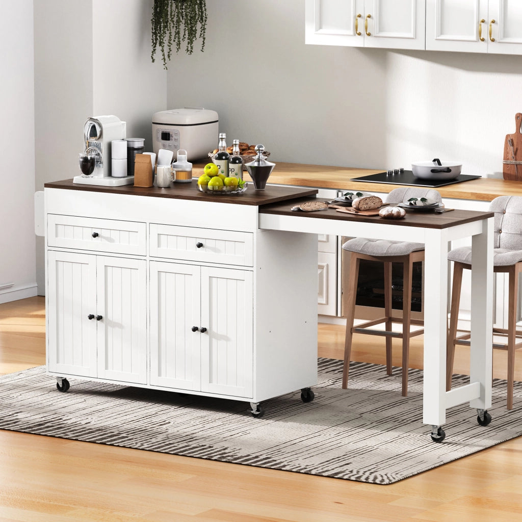 Carrello da Cucina con Piano Estensibile e Vani Contenitivi su Ruote per Cucina in MDF 112-180;5×45×92;2 cm Bianco