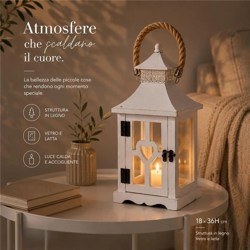 LANTERNA IN LEGNO BIANCO CON MANICO DIMENSIONI 18X18X32H CM - COLORE BIANCO