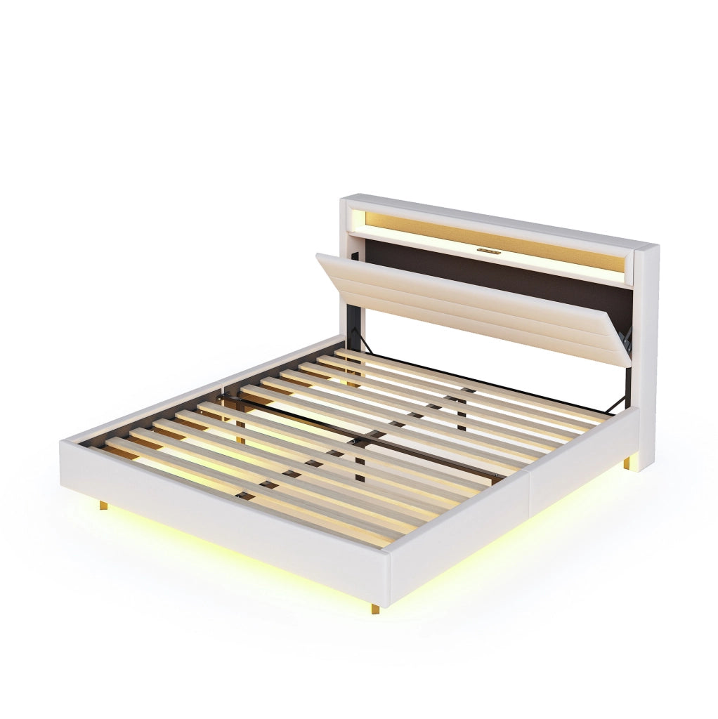 Letto matrimoniale 160x200 cm con USB e LED; testiera ribaltabile; tessuto beige (Senza materasso)