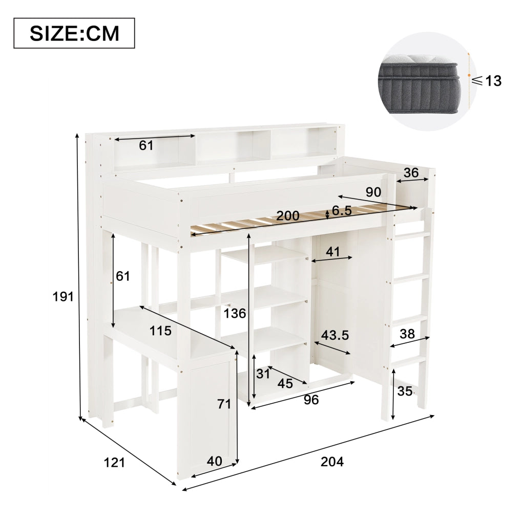 Letto a castello 90x200 cm con scrivania, armadio e scaffali bianco