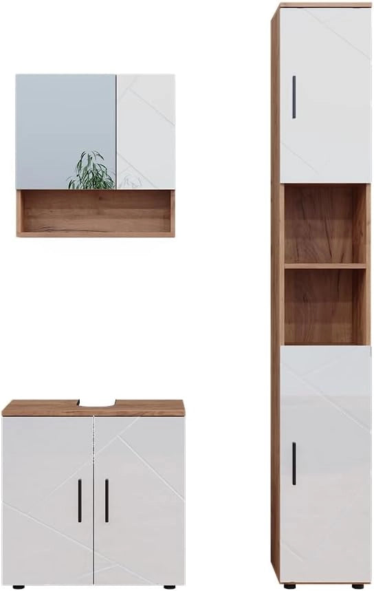 Set di mobili da bagno Irma, Bianco lucido/oro power oak, 80 cm, composto da mobile sottolavabo, specchiera e colonna alta