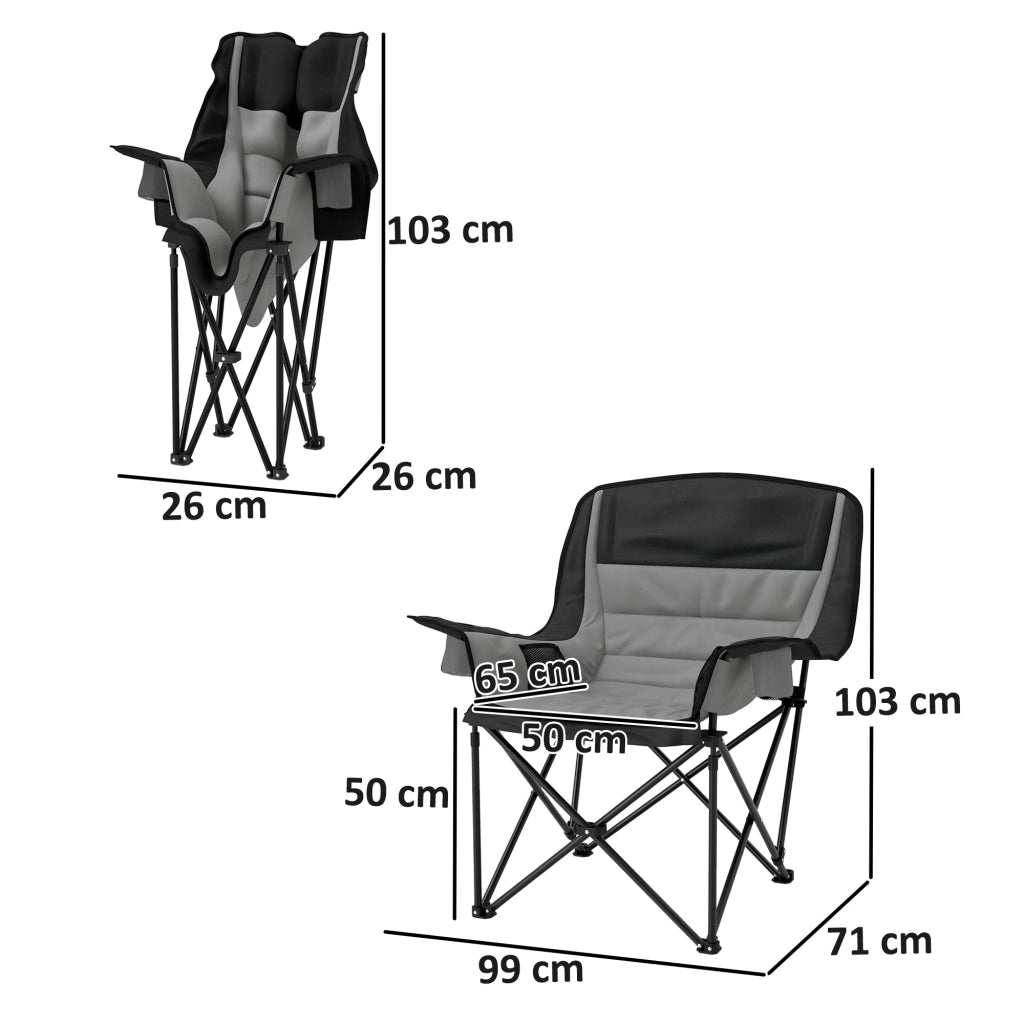 Sedia da Campeggio Pieghevole 99x71x103 cm con 2 Portabicchieri e Tasche Laterali Grigio e Nero
