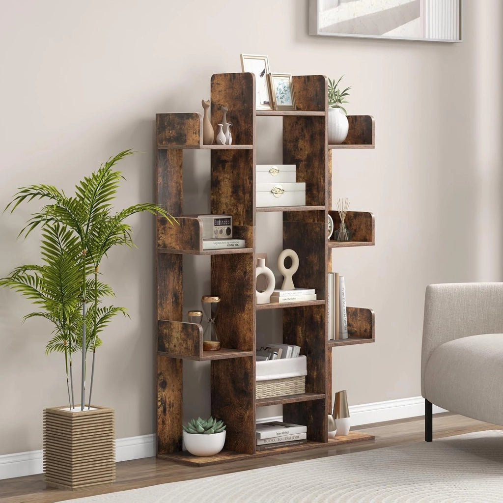 Libreria a Forma di Albero, Scaffale Multiuso con 13 Ripiani Aperti, Scaffale Decorativo Autoportante a Cubo per Soggiorno Studio o Ufficio, 86x24,5x141 cm (Marrone)