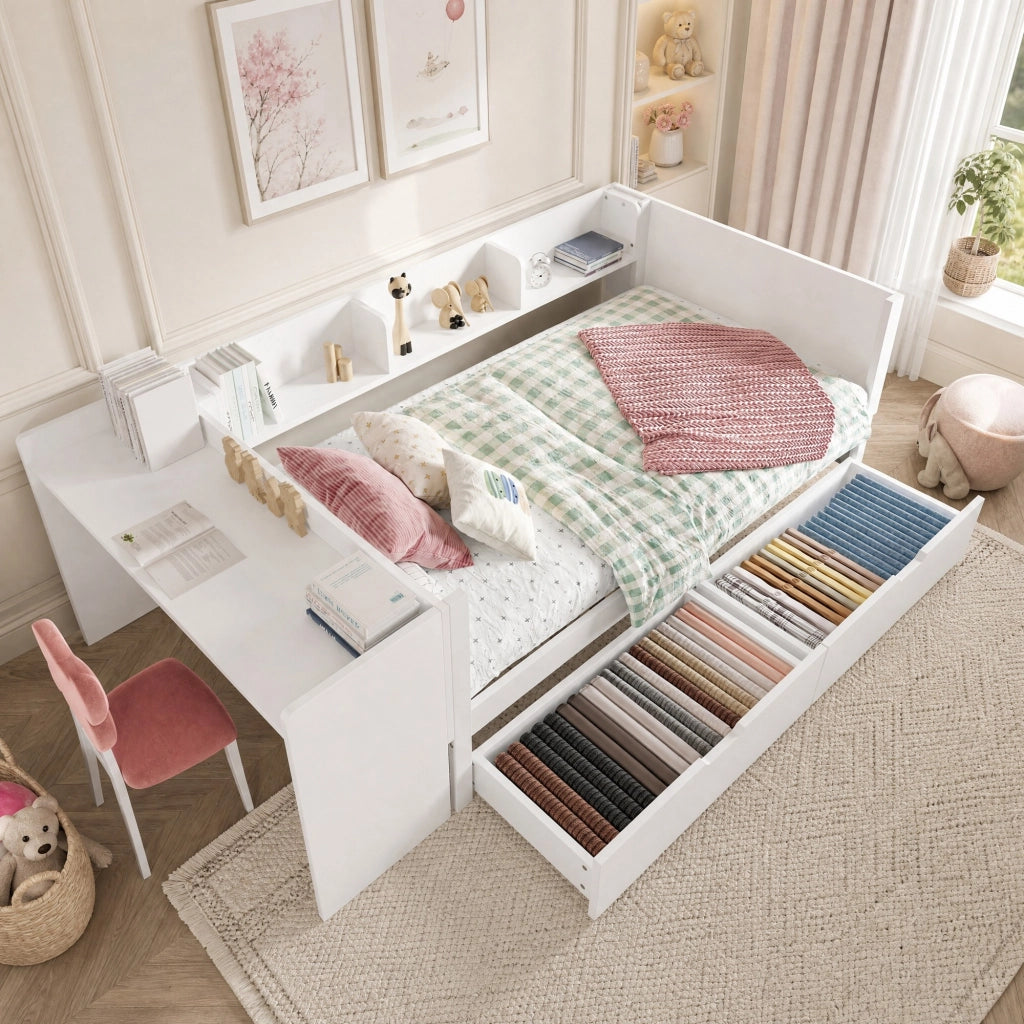 Letto singolo con scrivania, 2 cassetti e mensole, 90 x 200 cm, bianco